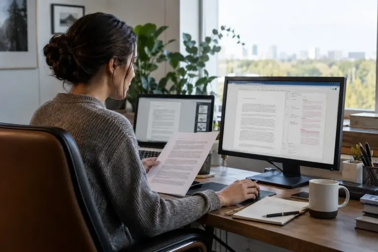 Office worker reviewing a draft alongside original documents displayed on two screens.