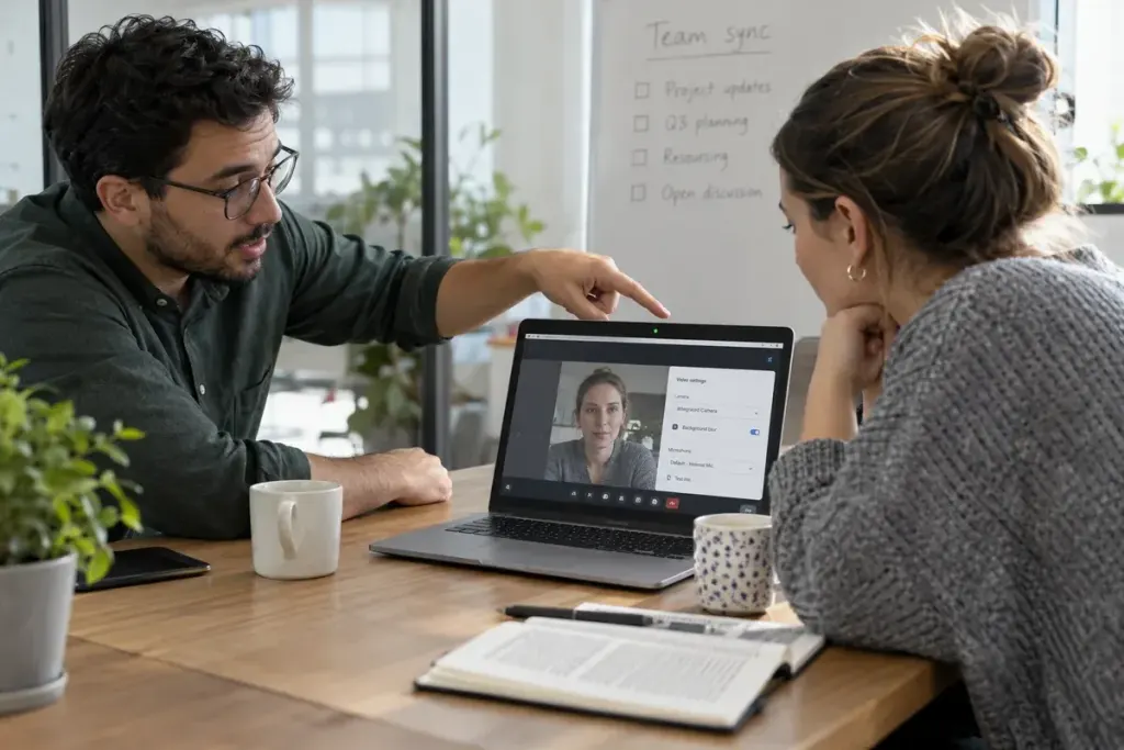 Work colleagues discussing recording settings before a meeting, laptop with generic meeting interface and camera indicator.