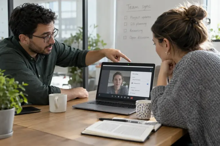 Work colleagues discussing recording settings before a meeting, laptop with generic meeting interface and camera indicator.