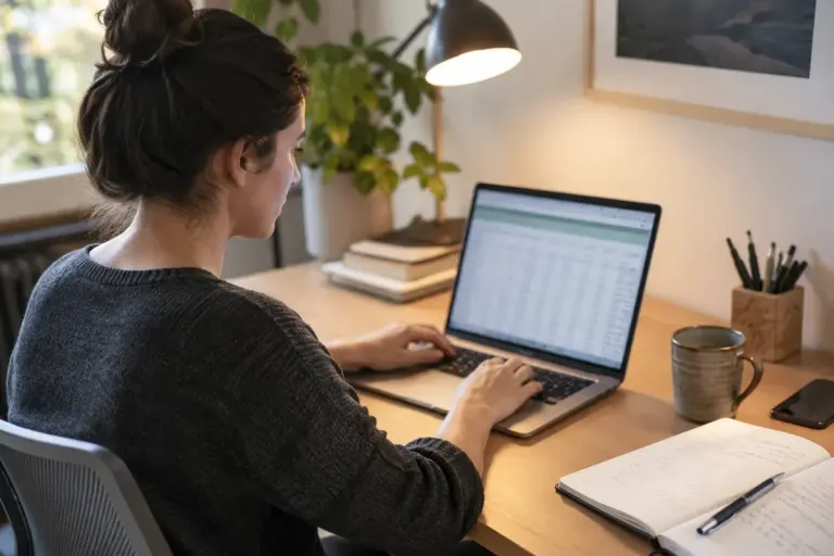 An office worker testing a small spreadsheet on a laptop.
