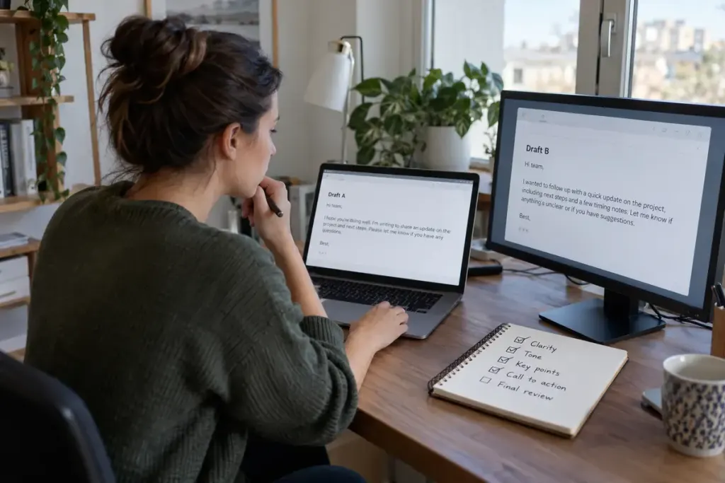 An office worker comparing two versions of an email draft beside a checklist.