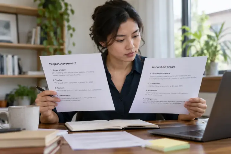 A bilingual editor comparing two versions of a short business document at a desk.