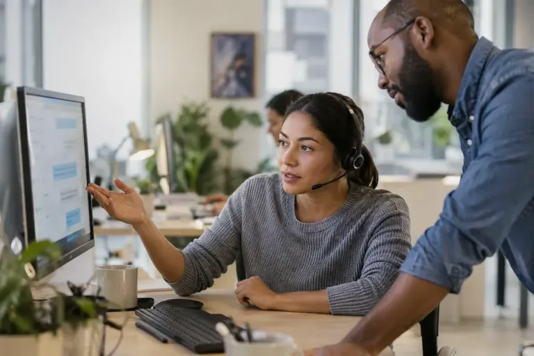 A support worker reviewing a customer conversation at a desk.