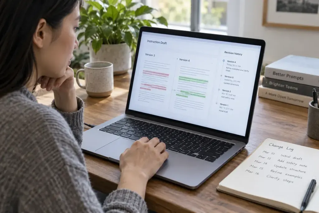 A team member reviewing document revisions on a laptop beside a change log.
