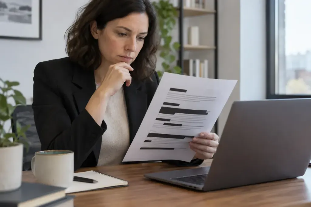 An office worker reviewing a redacted paper document beside a laptop.